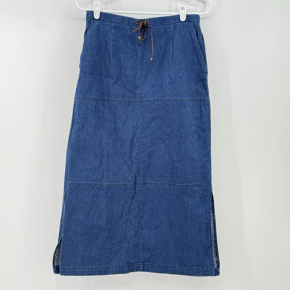 Y2K Denim Jean Maxi‎ Skirt Cargo Tie Waist Modest Casual Boho 90s Grunge Size 8
